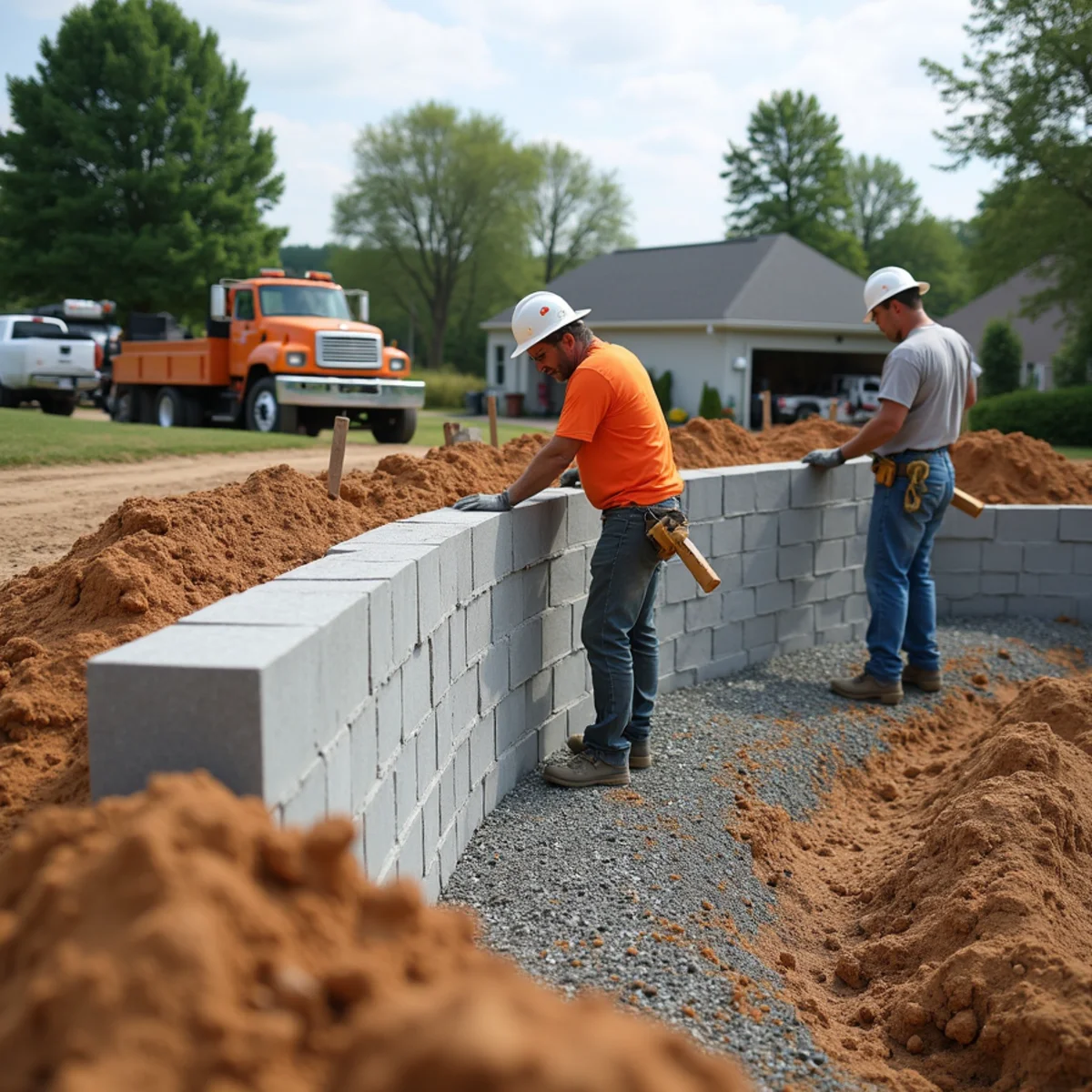 A properly engineered segmental block retaining wall with gravel backfill under construction in Hamilton, Ohio