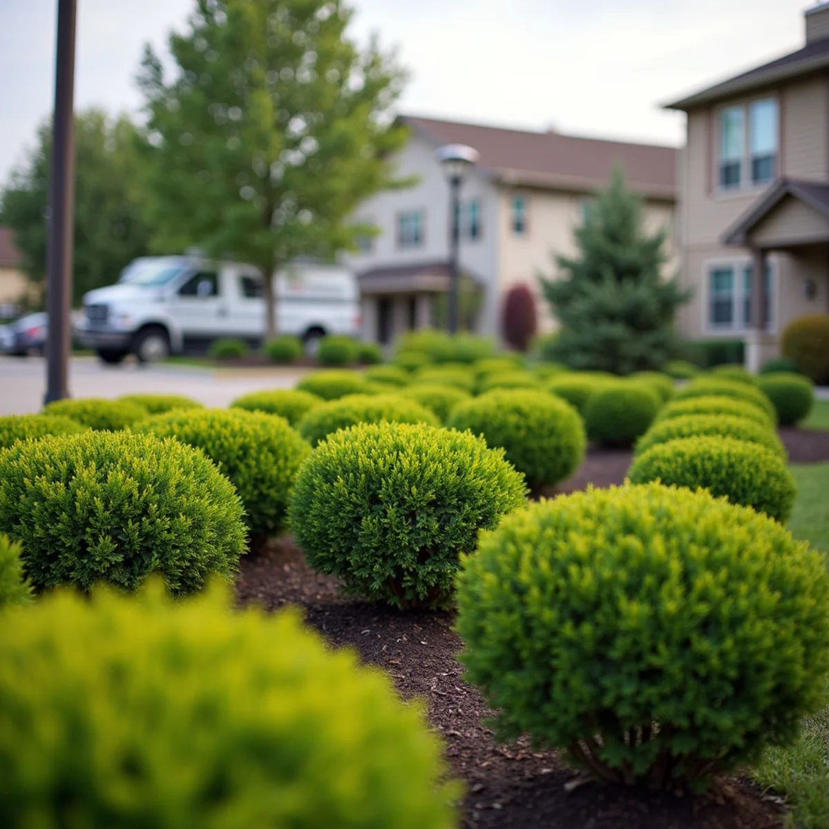 A well-maintained commercial office park landscape with trimmed shrubs in West Chester, Ohio