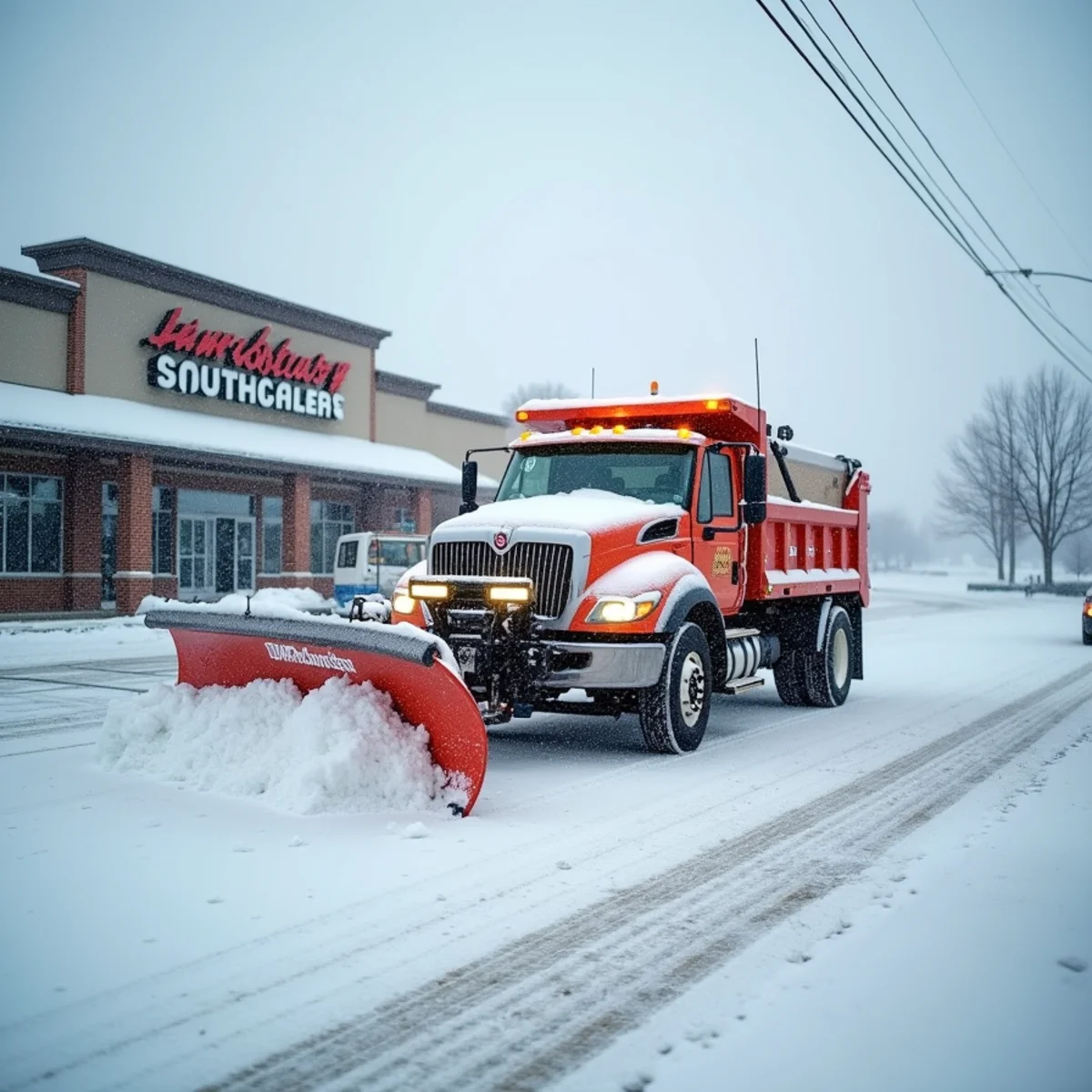 A commercial plow truck clearing a snow-covered retail parking lot in Hamilton, Ohio during a winter storm