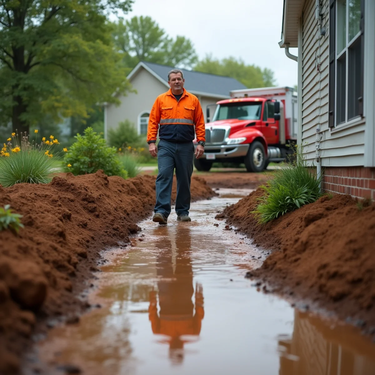 Standing rainwater pooling against a home foundation in a clay-soil backyard in Fairfield, Ohio