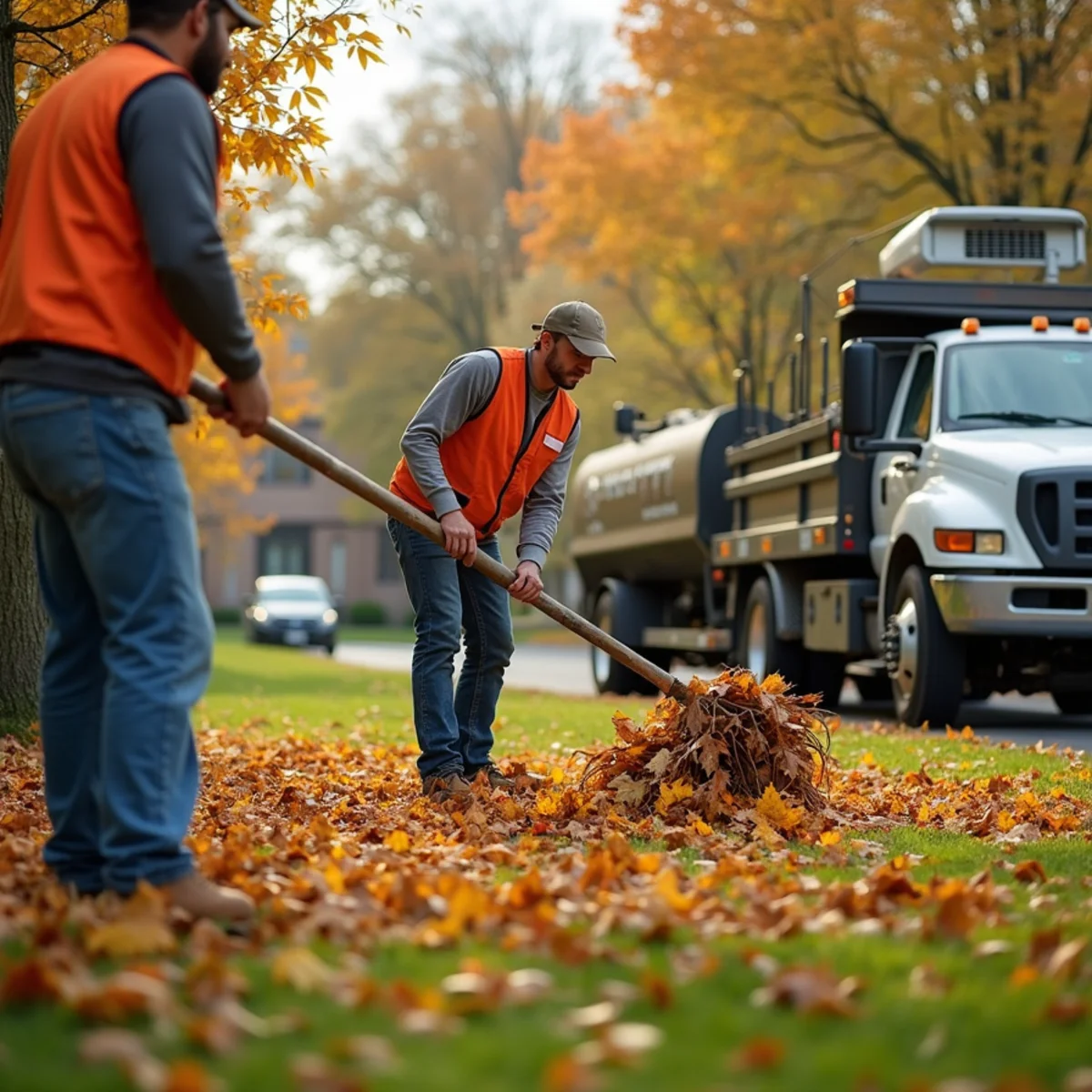 A crew clearing heavy autumn leaves from a large lawn in West Chester, Ohio