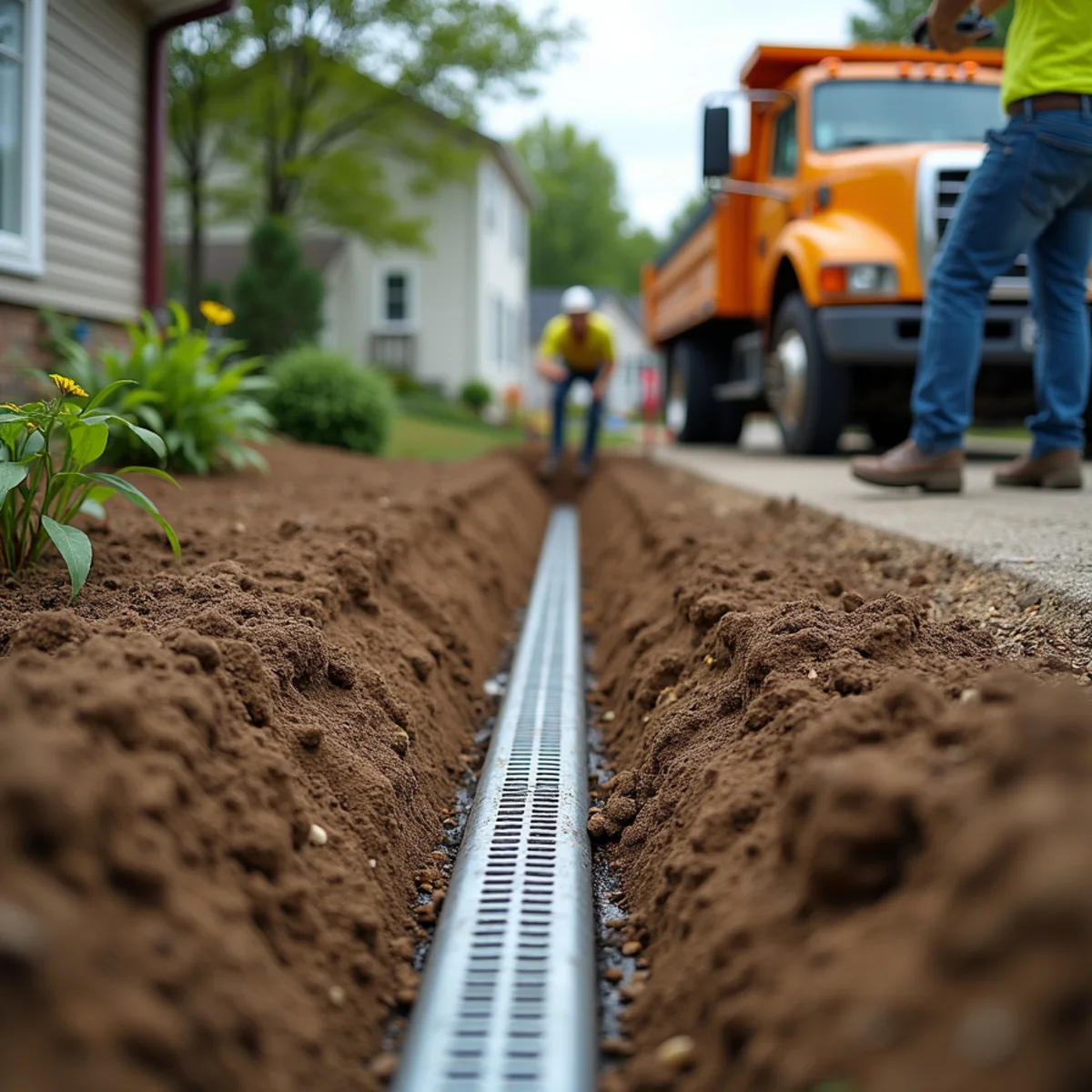 A french drain trench with perforated pipe and gravel being installed in a soggy Fairfield, Ohio backyard