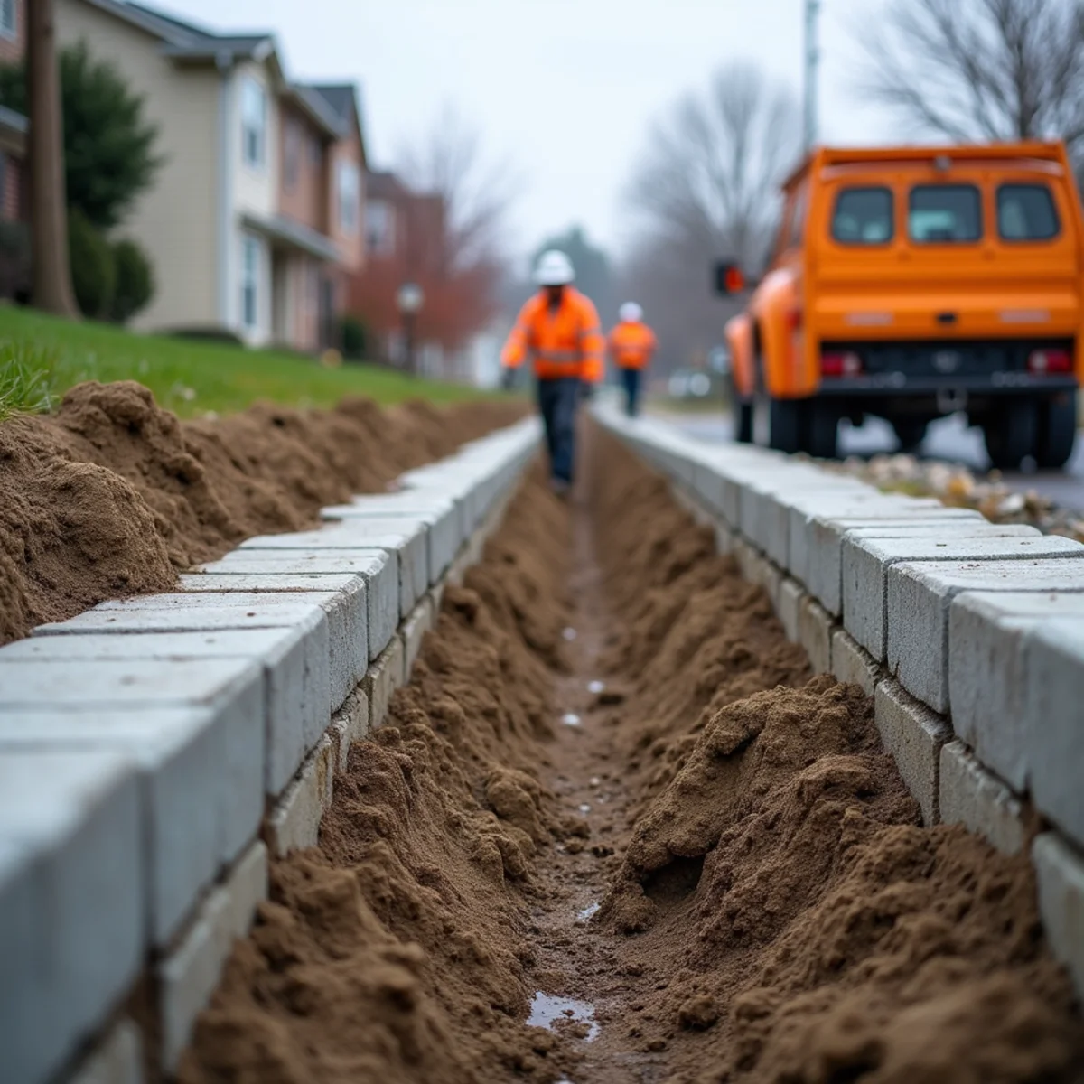 A block retaining wall bulging outward from winter freeze-thaw pressure in West Chester, Ohio