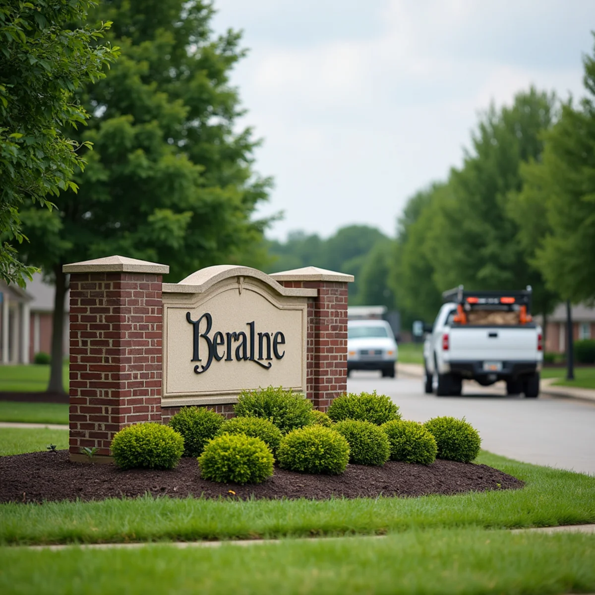 A well-kept HOA community entrance with manicured beds and signage in West Chester, Ohio