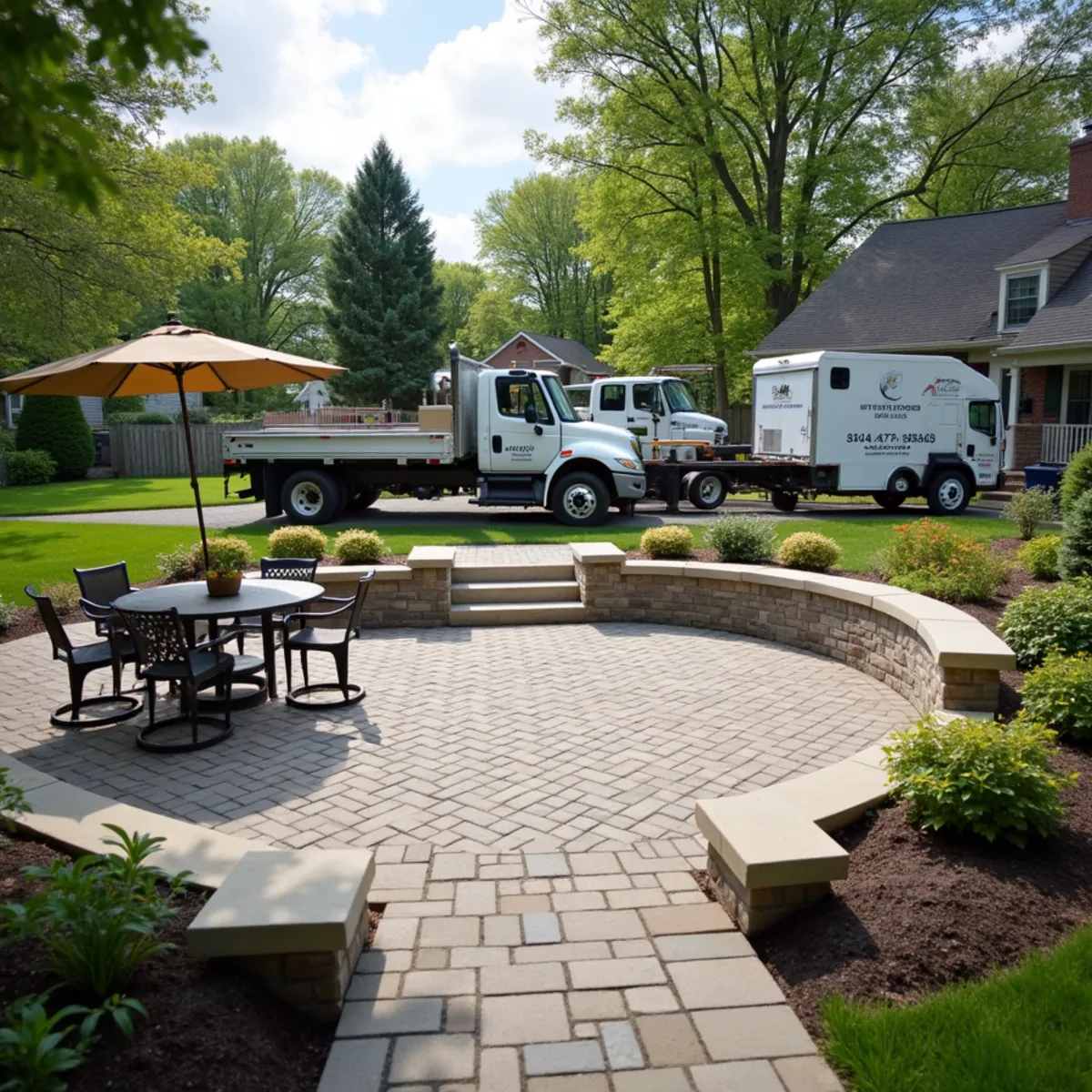 A newly installed paver patio with a seat wall in a West Chester, Ohio backyard
