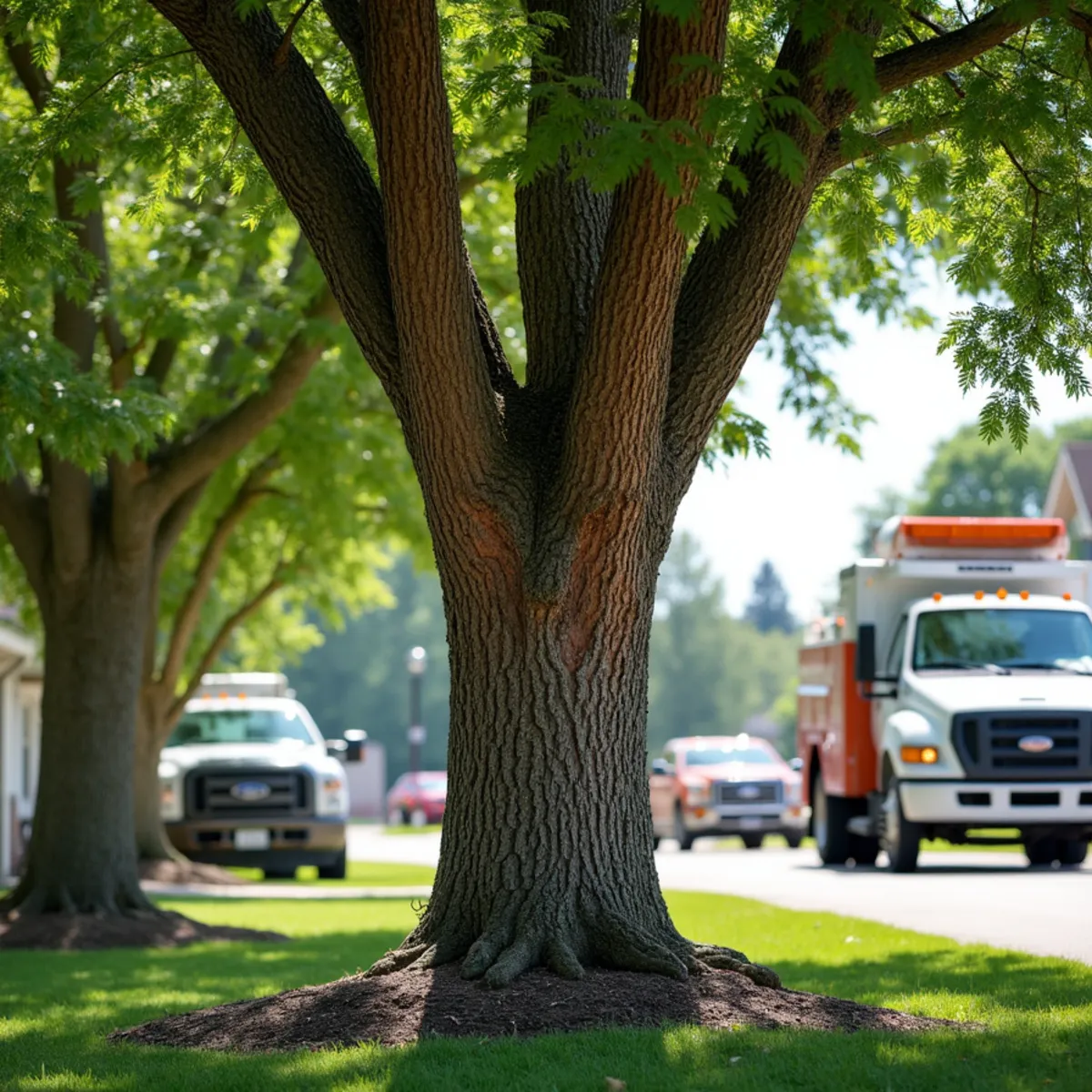 A mature ash tree showing bark damage and canopy dieback from emerald ash borer in Butler County, Ohio