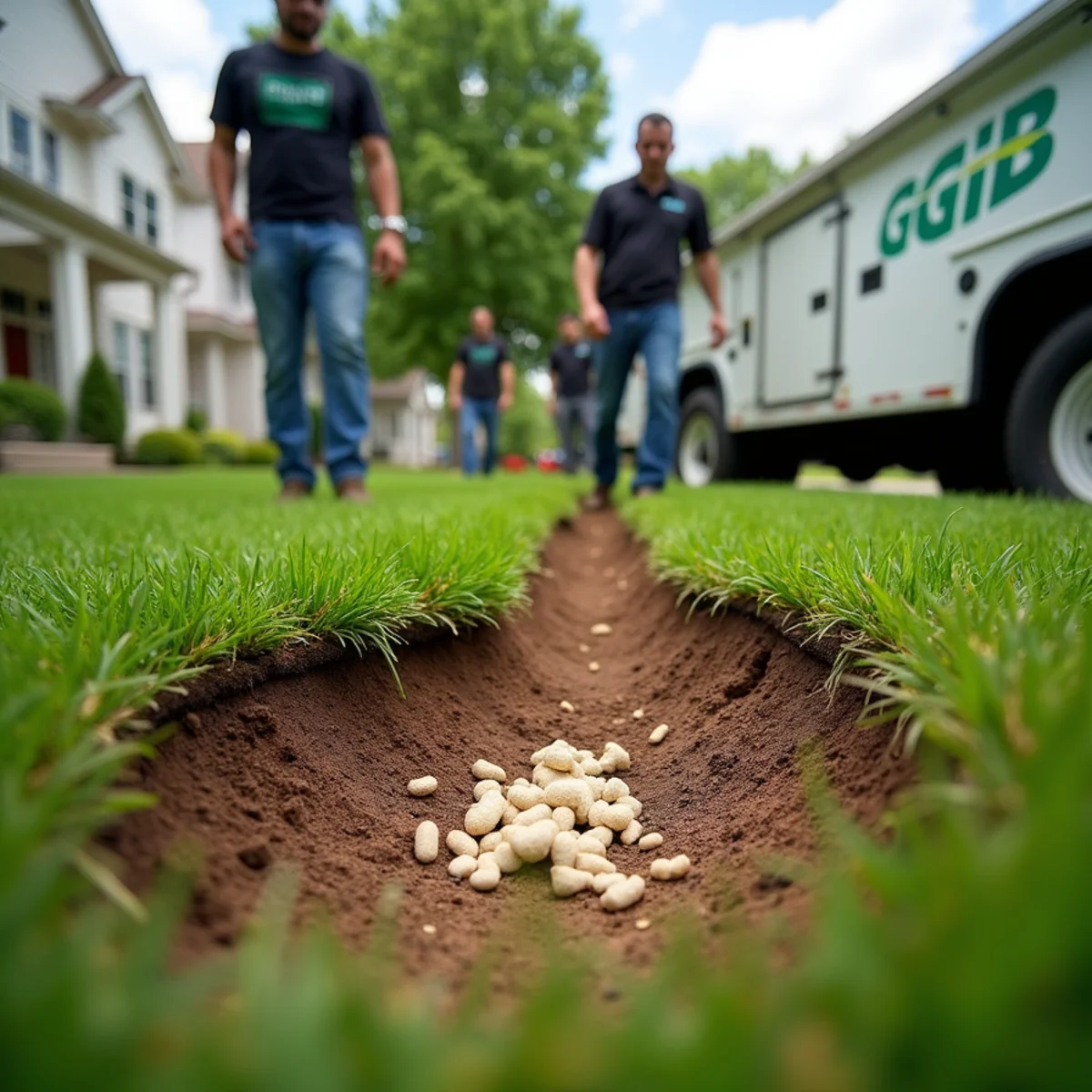 Brown grub-damaged patches in a summer lawn being lifted to reveal white grubs in Hamilton, Ohio
