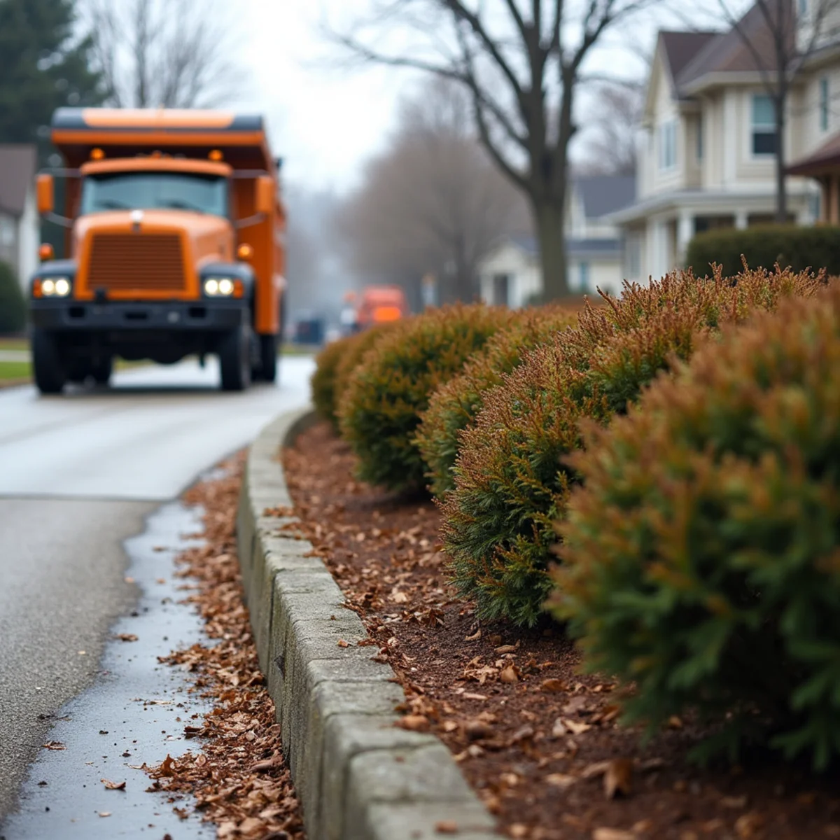 Brown, salt-damaged evergreen shrubs along a driveway edge after winter in Hamilton, Ohio