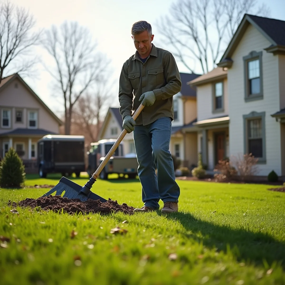 A homeowner raking and preparing a green spring lawn with fresh mulched beds in Hamilton, Ohio