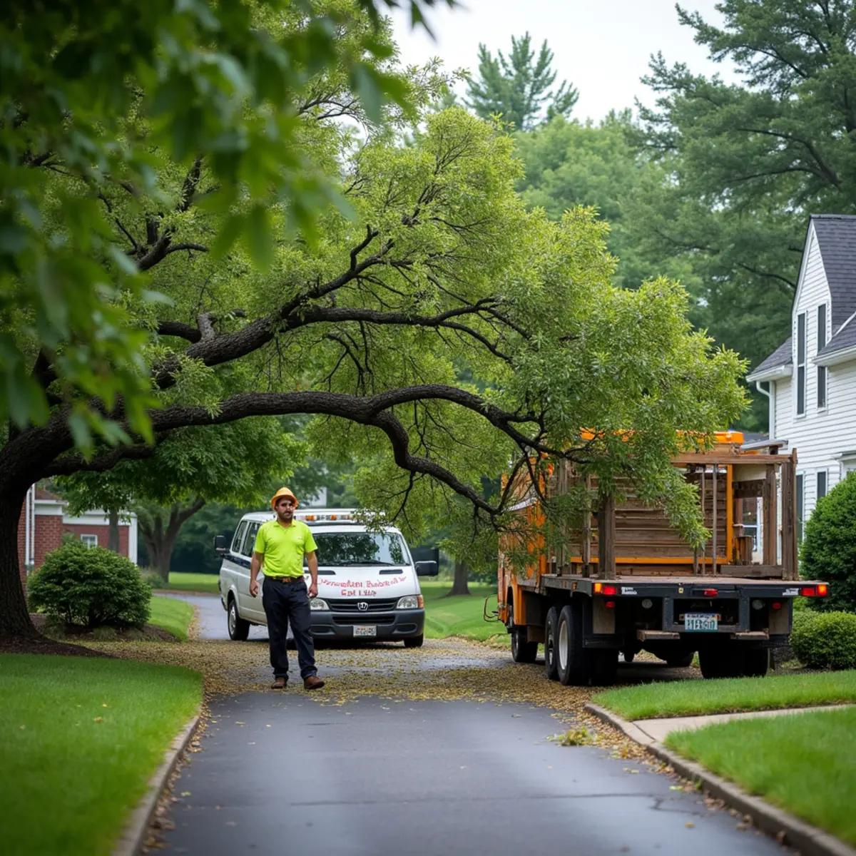 A large maple limb fallen across a residential driveway in Hamilton, Ohio after a summer windstorm