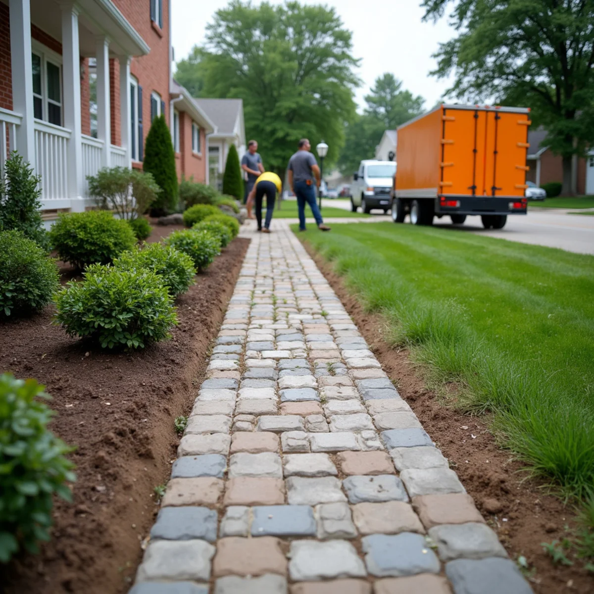 A paver walkway with sunken, uneven sections beside a home in West Chester, Ohio