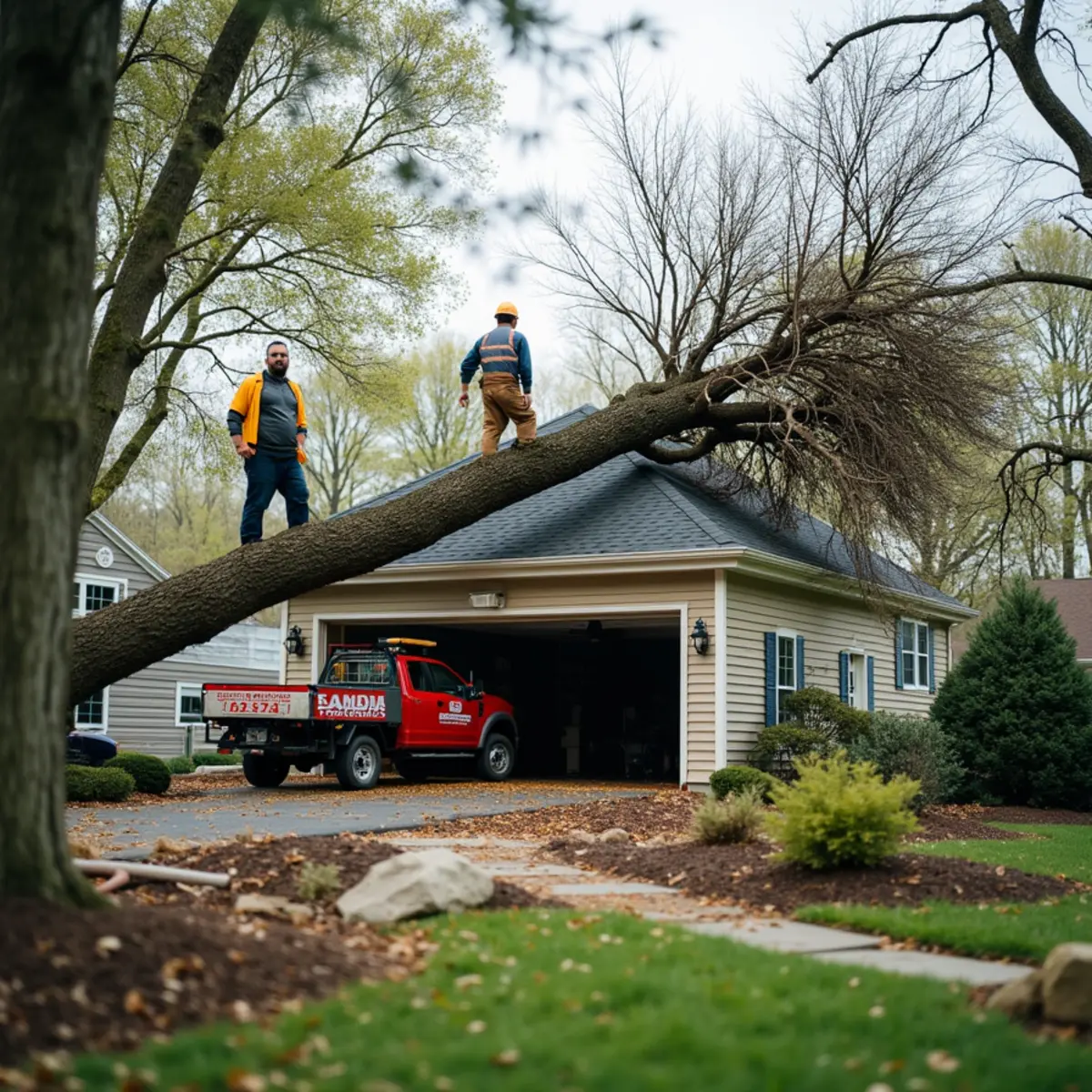 A storm-toppled tree resting on a garage roof in a Middletown, Ohio neighborhood