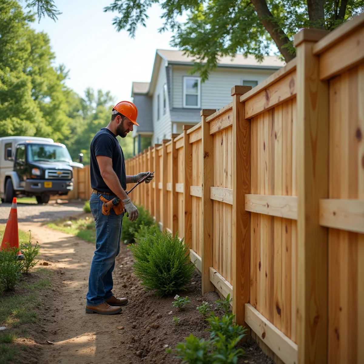A newly installed wood privacy fence bordering a backyard in Fairfield, Ohio