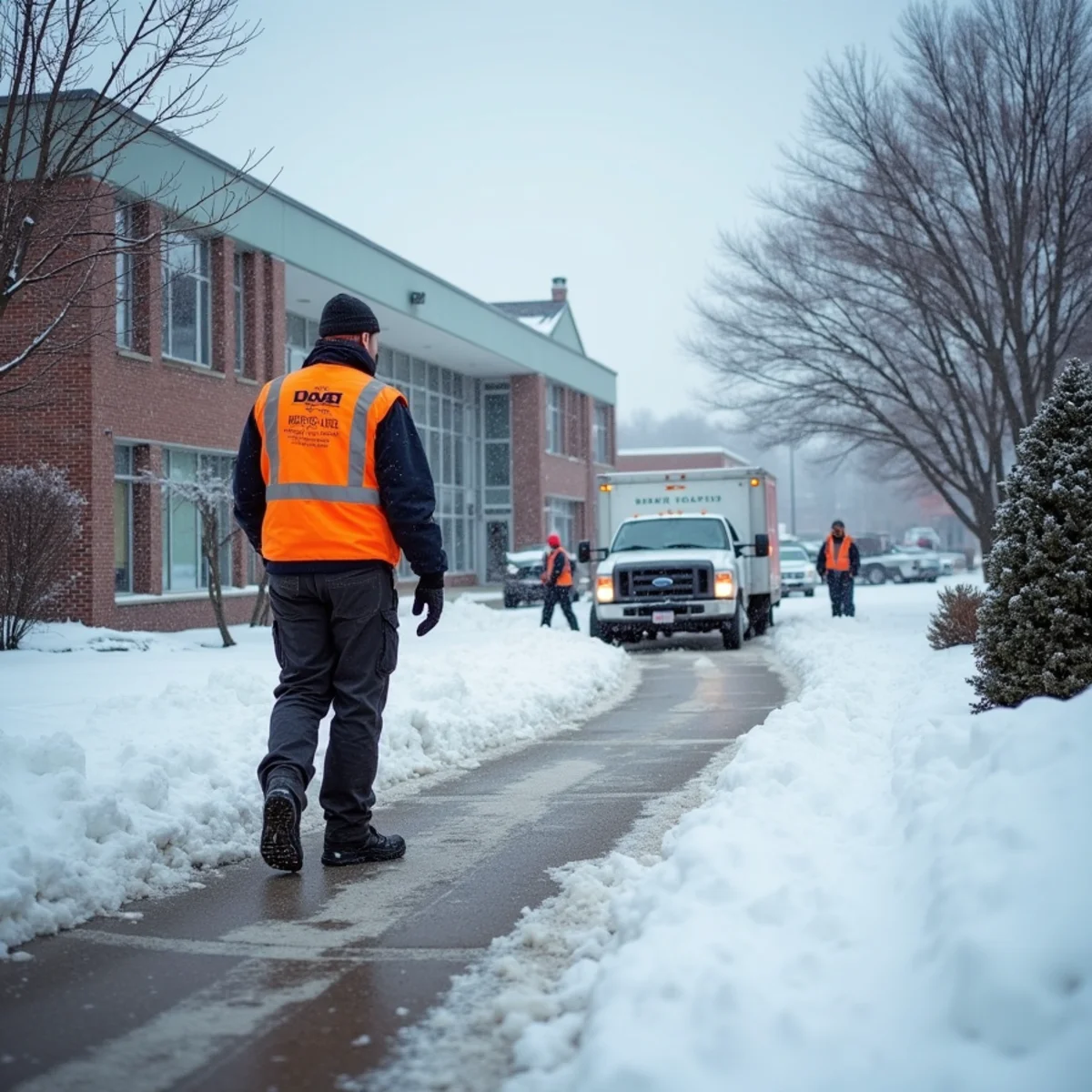 A cleared and deiced medical center entrance and walkway during a winter storm in Hamilton, Ohio