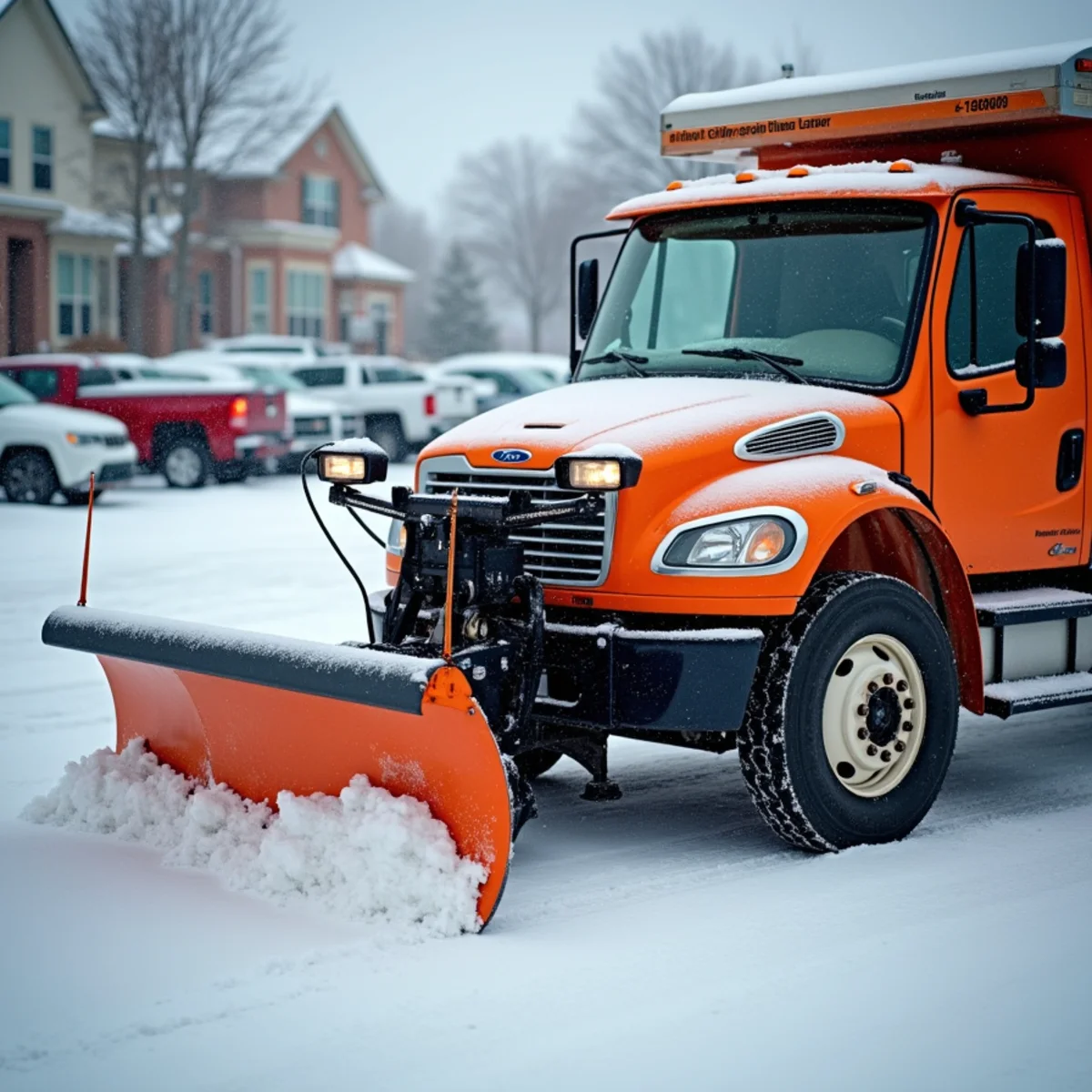Snow plow clearing a commercial parking lot in Hamilton, OH