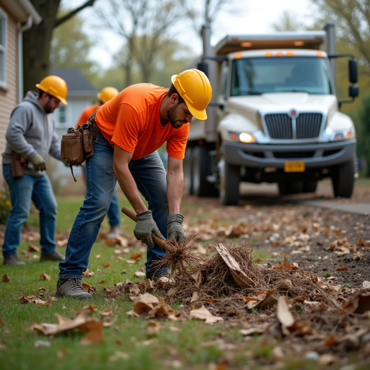 Crew clearing storm debris from a Hamilton, OH yard after a windstorm