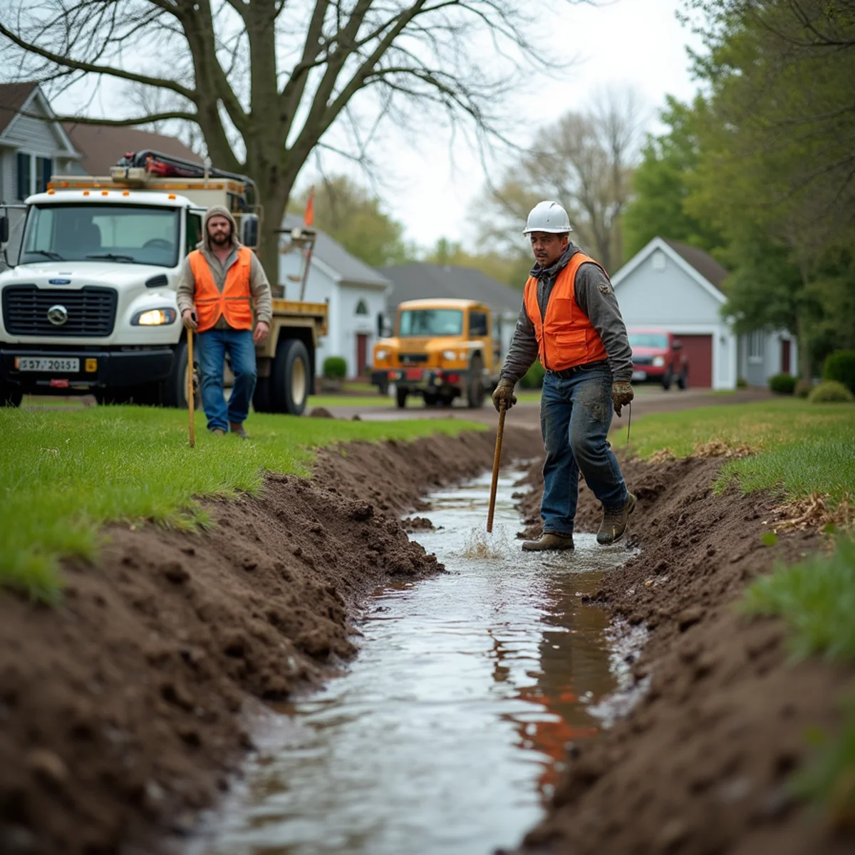 Water diversion and drainage work in a flooded Hamilton, OH yard