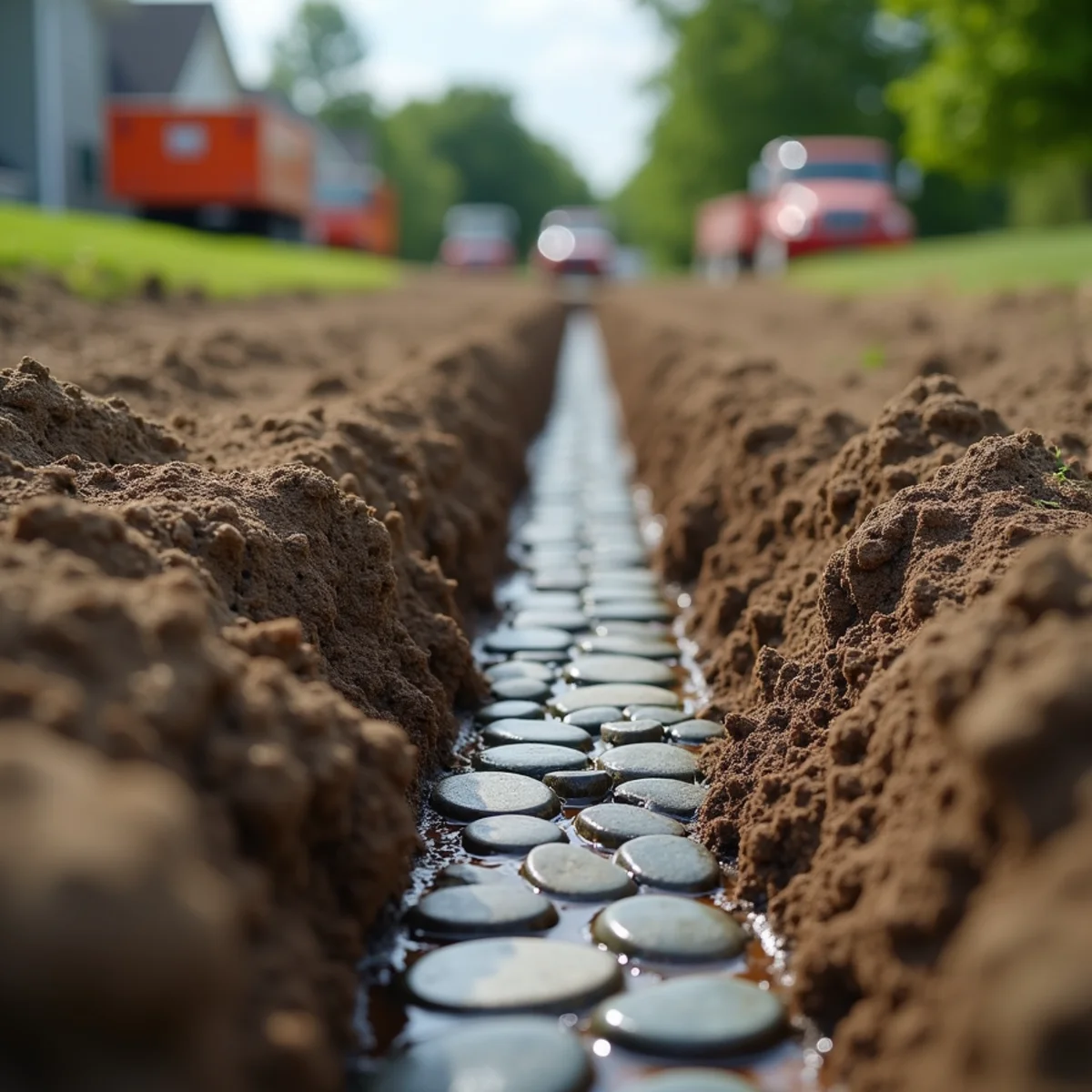 French drain trench with drainage stone and pipe in a Hamilton, OH yard