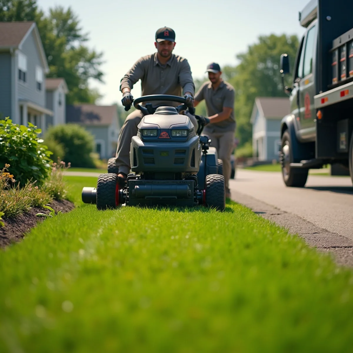 Galan's Landscaping crew edging and mowing a lawn in Hamilton, OH