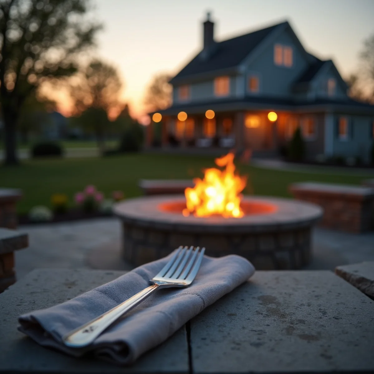 Custom stone fire pit and paver patio at dusk in Butler County, OH