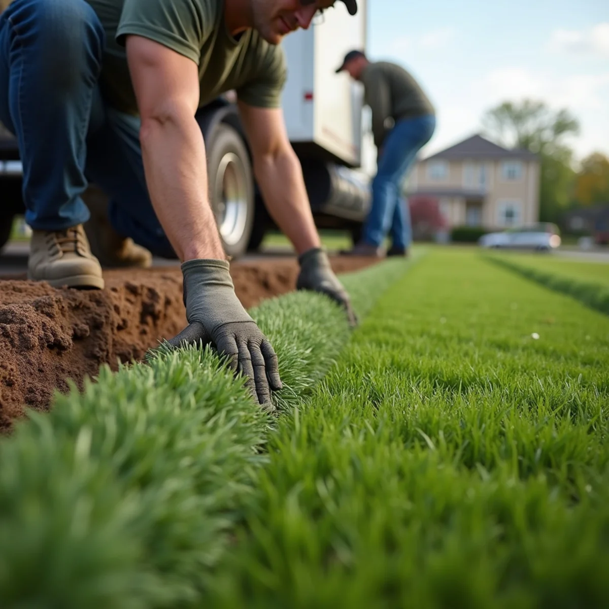 Installing fresh sod rolls over graded soil in Hamilton, OH